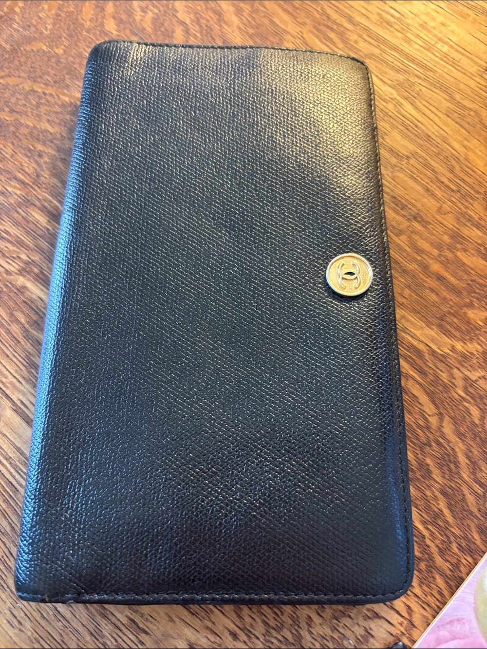 CHANEL Black Leather Long Wallet with Gold CC Button
